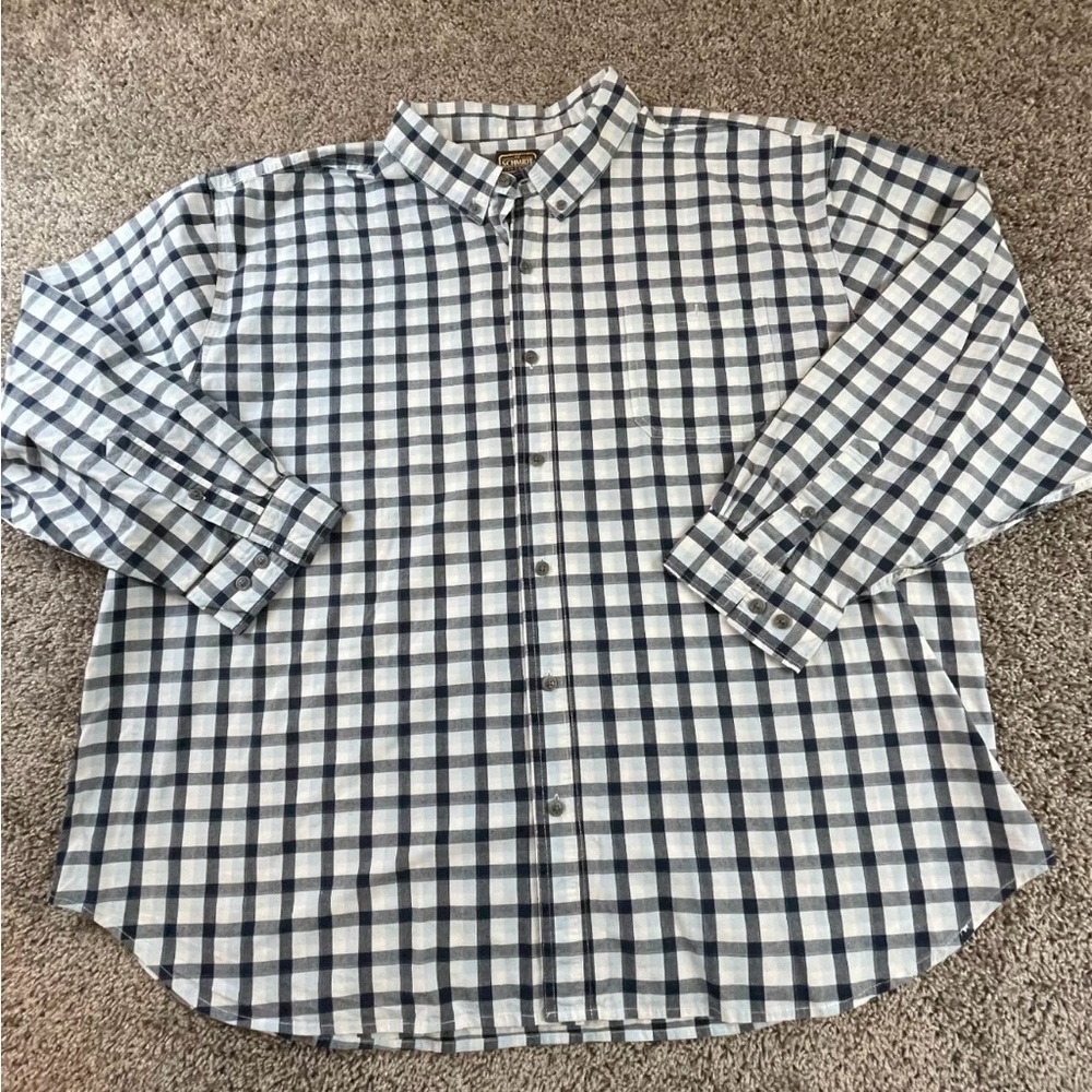 Mens CE Schmidt Workwear XLT, blue and white gingham print button up shirt
